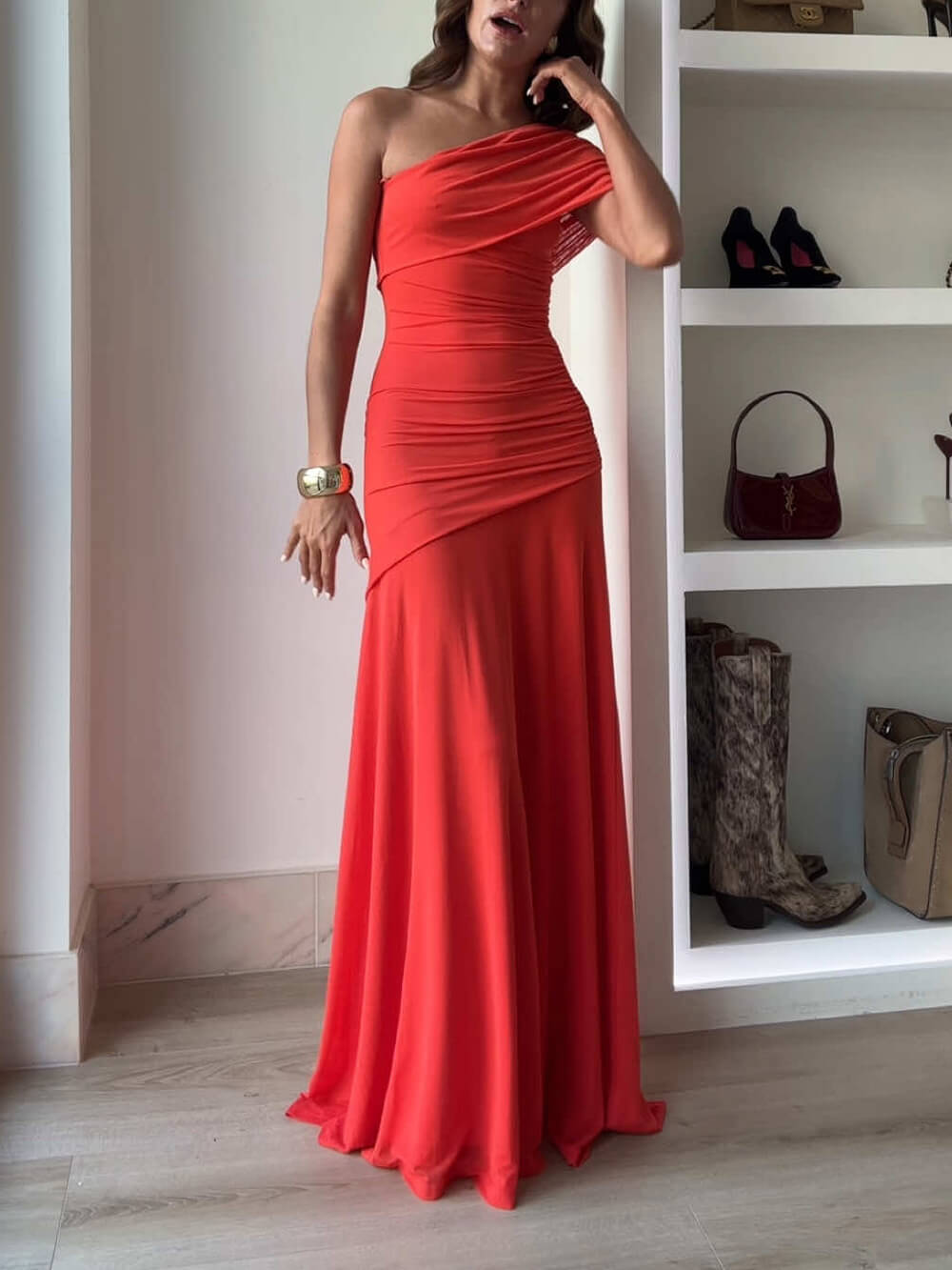Elegance – Robe longue extensible en résille, froncée et à épaules dénudées