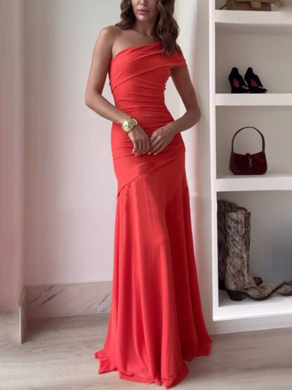 Elegance – Robe longue extensible en résille, froncée et à épaules dénudées